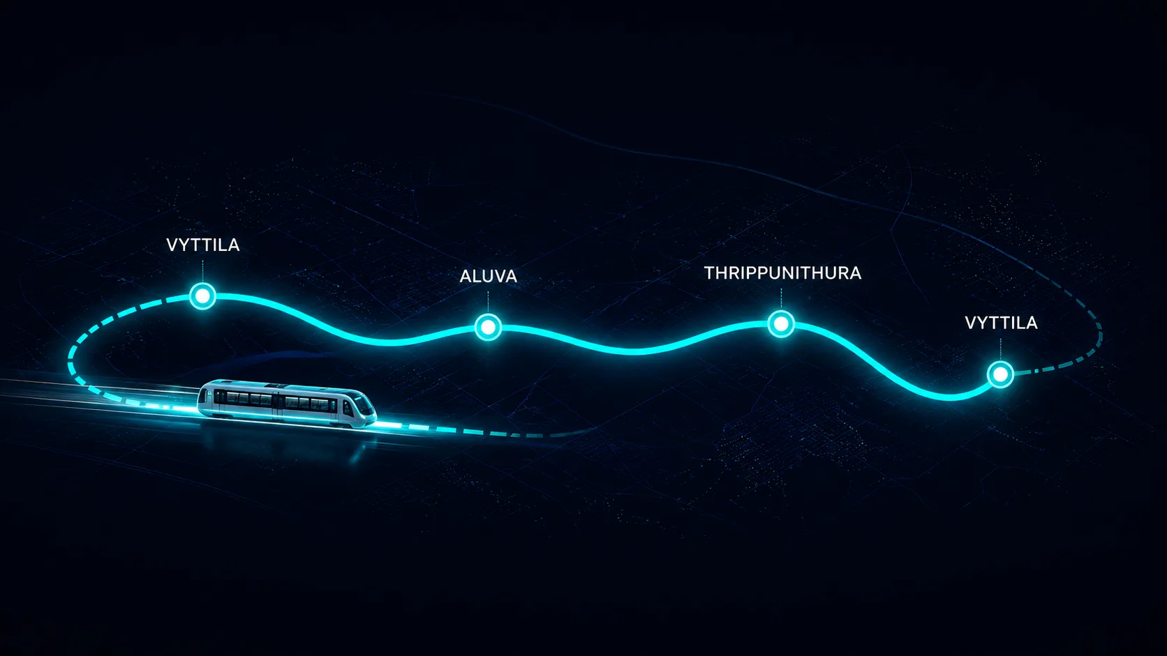 Glowing metro route map from Vyttila to Aluva to Thrippunithura and back to Vyttila.